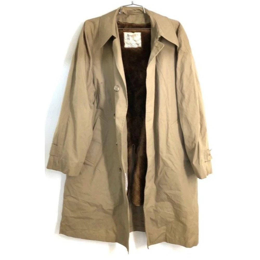 VTG 80s London Fog Tan Maincoat Trench Coat Faux Fur Liner Men Sz 40 Old Money